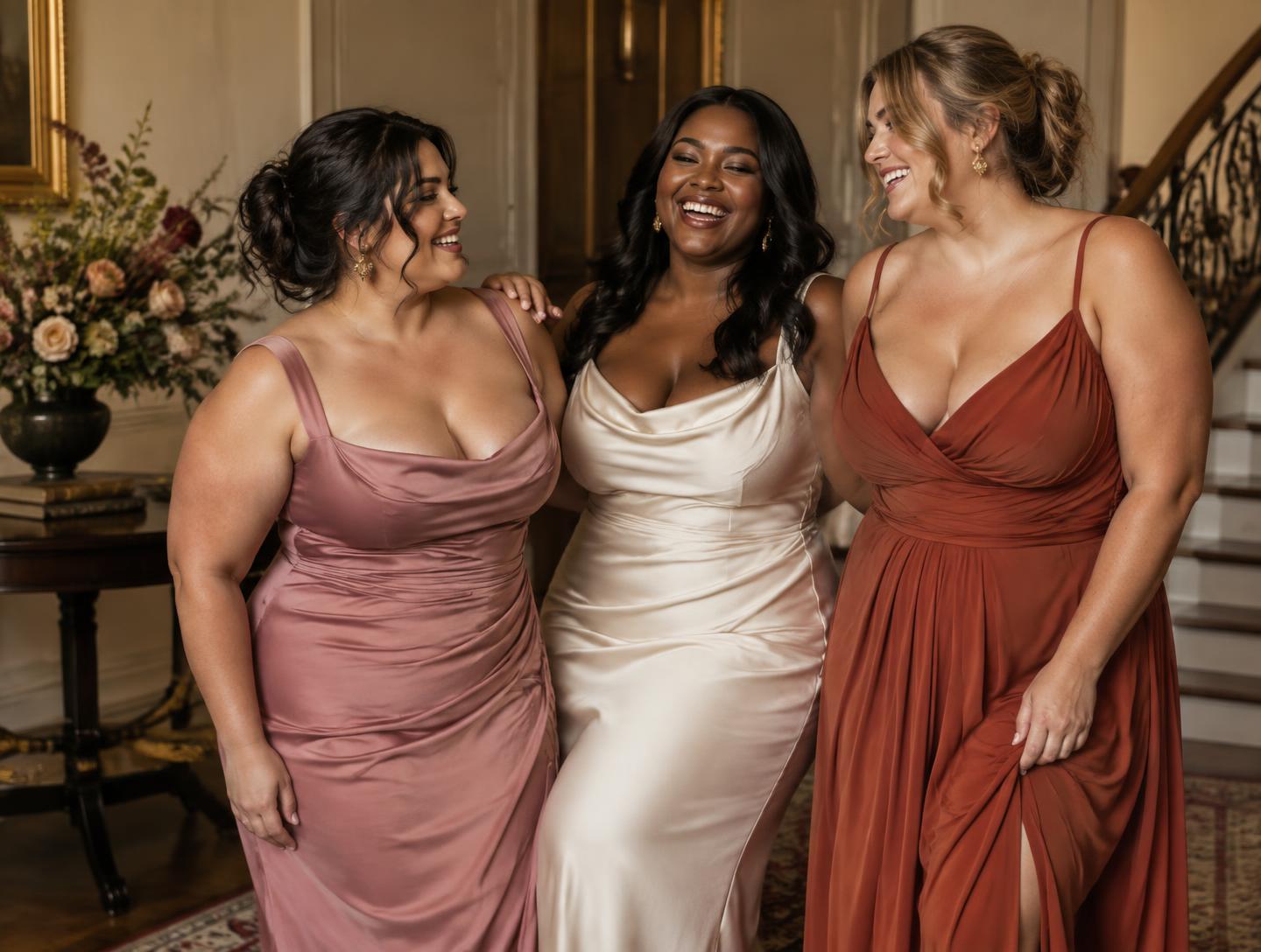Three women of different skin tones and sizes laughing together in evening dresses